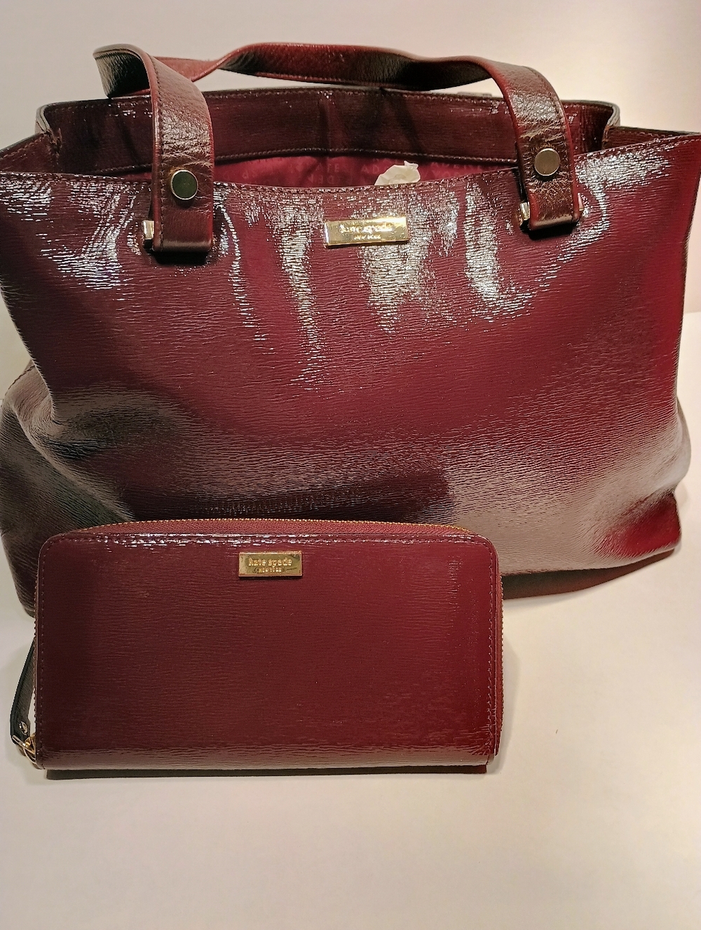 Kate Spade Burgundy Patent Leather Tote with Matching Zip Wallet